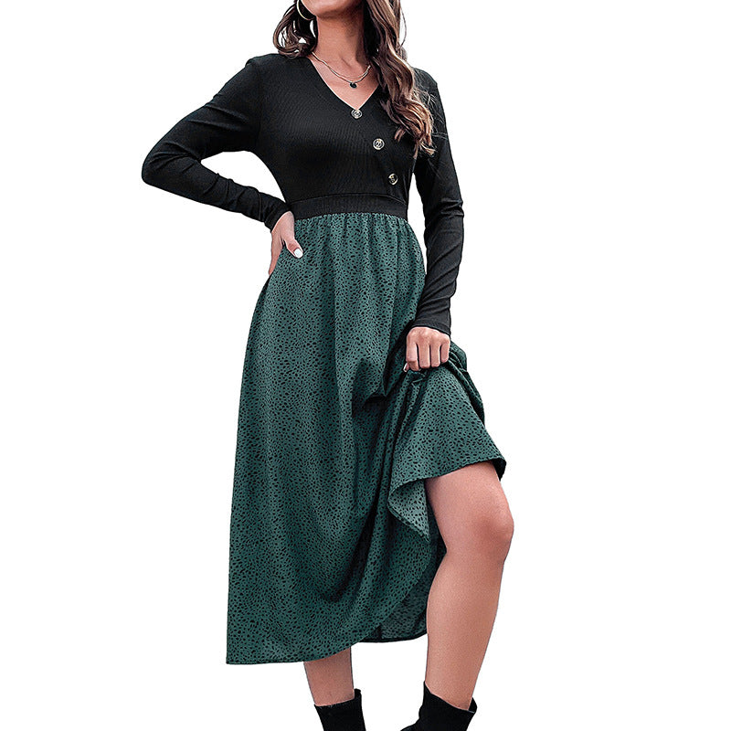 Damen Midikleid mit tailliertem Rippenstrick-Oberteil, V‑Ausschnitt und weitem Rock Drune