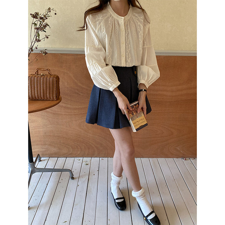 Damen Bluse mit Puffärmeln und feinem Stickdesign Drune