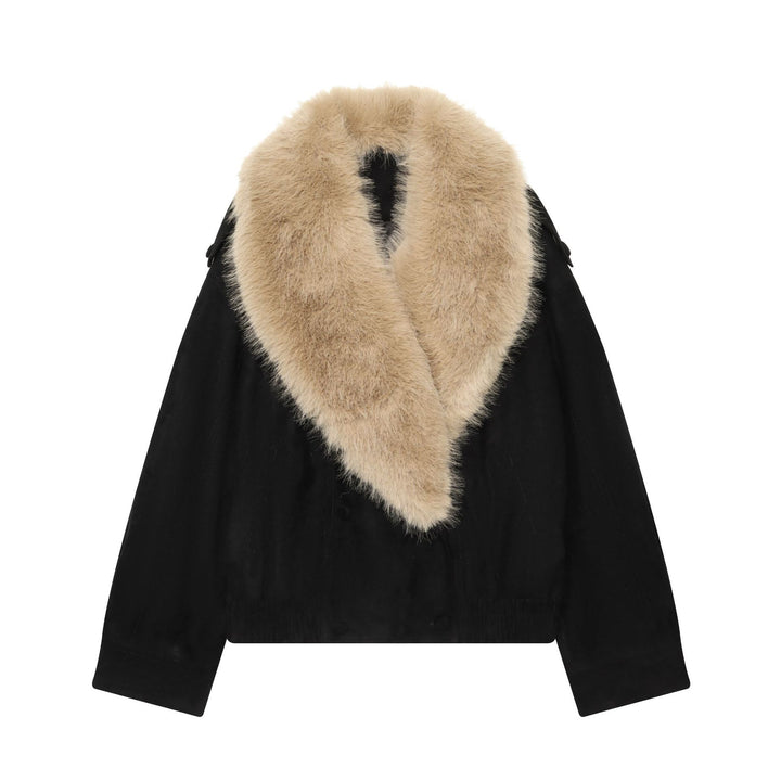 Damen Cropped Veloursjacke mit voluminösem Kunstfell‑Schalkragen Drune