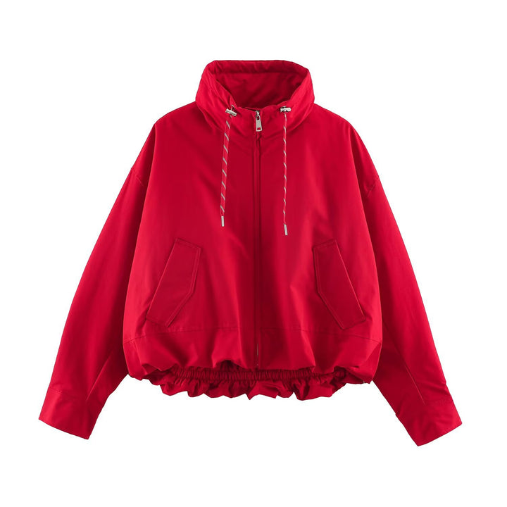 Damen Cropped Oversize Windbreaker mit hohem Funnelkragen, Kordelzug und gerafftem Elastikbund Drune
