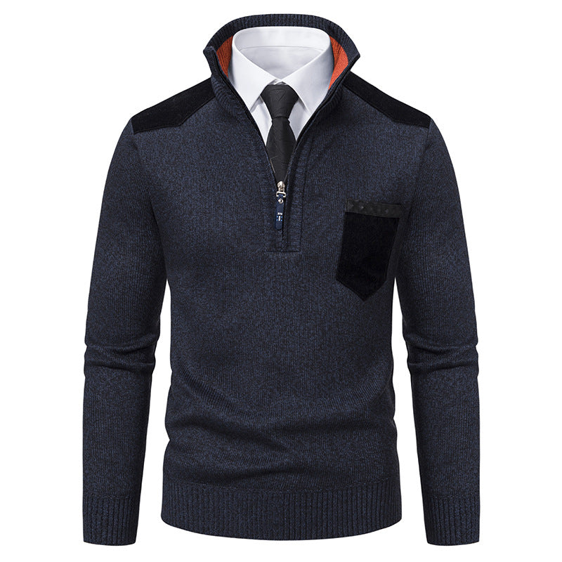 Herren nan Feinstrick-Halbzip-Pullover mit Stehkragen, Brusttasche und Schulterbesatz Drune