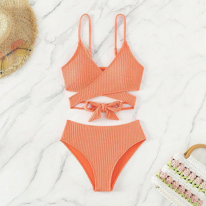 Damen Hochgeschnittener Ripp-Bikini mit elegantem Cross-Design Drune