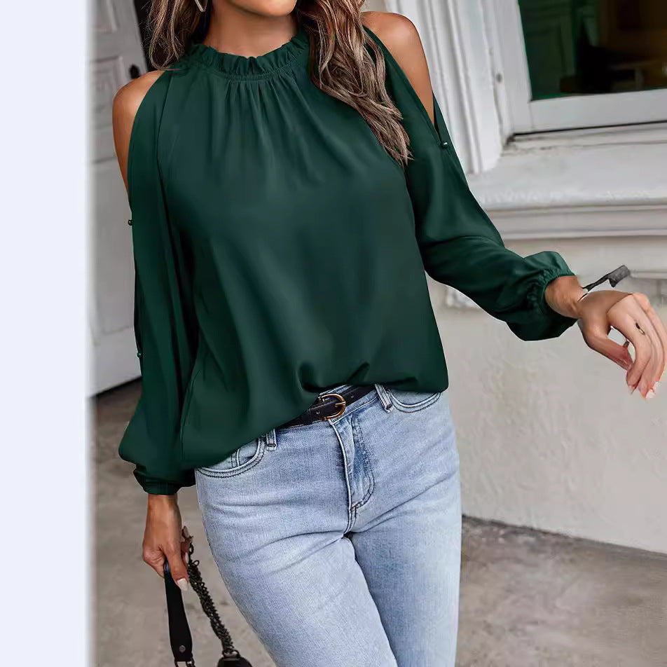 Damen elegante Bluse mit Carmen-Ausschnitt und voluminösen Ärmeln Drune