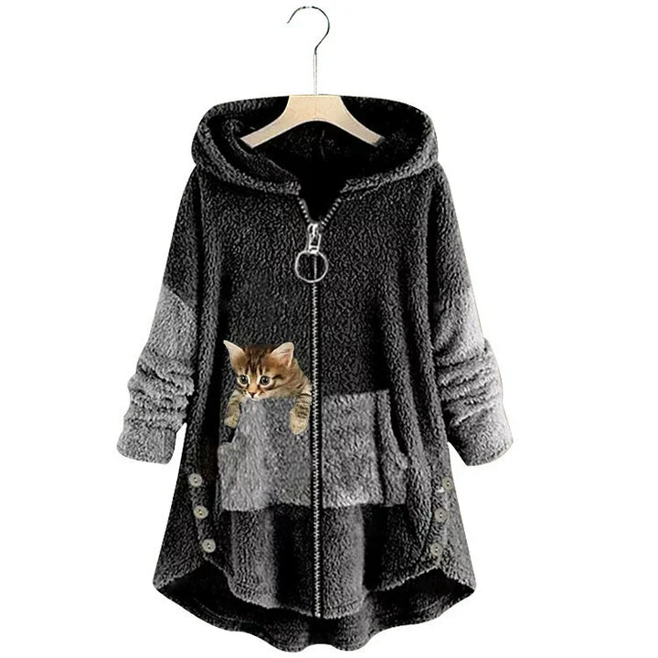 Drune | Lange Jacke Übergroß Schnitt Weicher Fleece Look Kängurutasche High Low Saum
