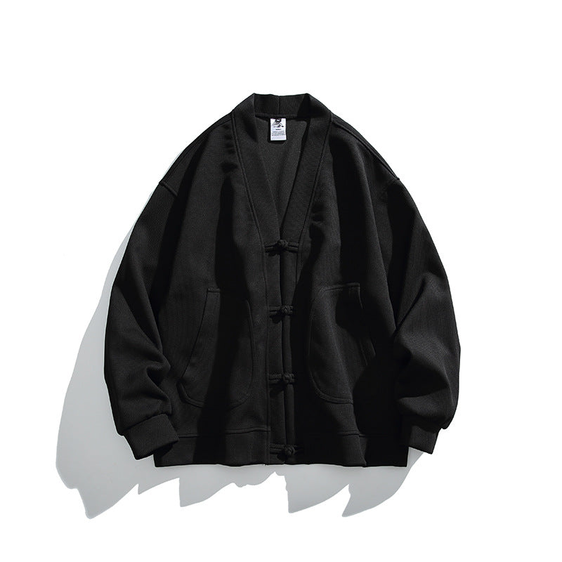 Herren weit geschnittene Kimono-Jacke im Hanfu-Stil mit Kordelverschlüssen und aufgesetzten Taschen Drune
