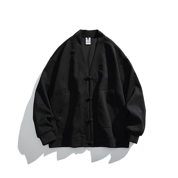 Herren weit geschnittene Kimono-Jacke im Hanfu-Stil mit Kordelverschlüssen und aufgesetzten Taschen Drune