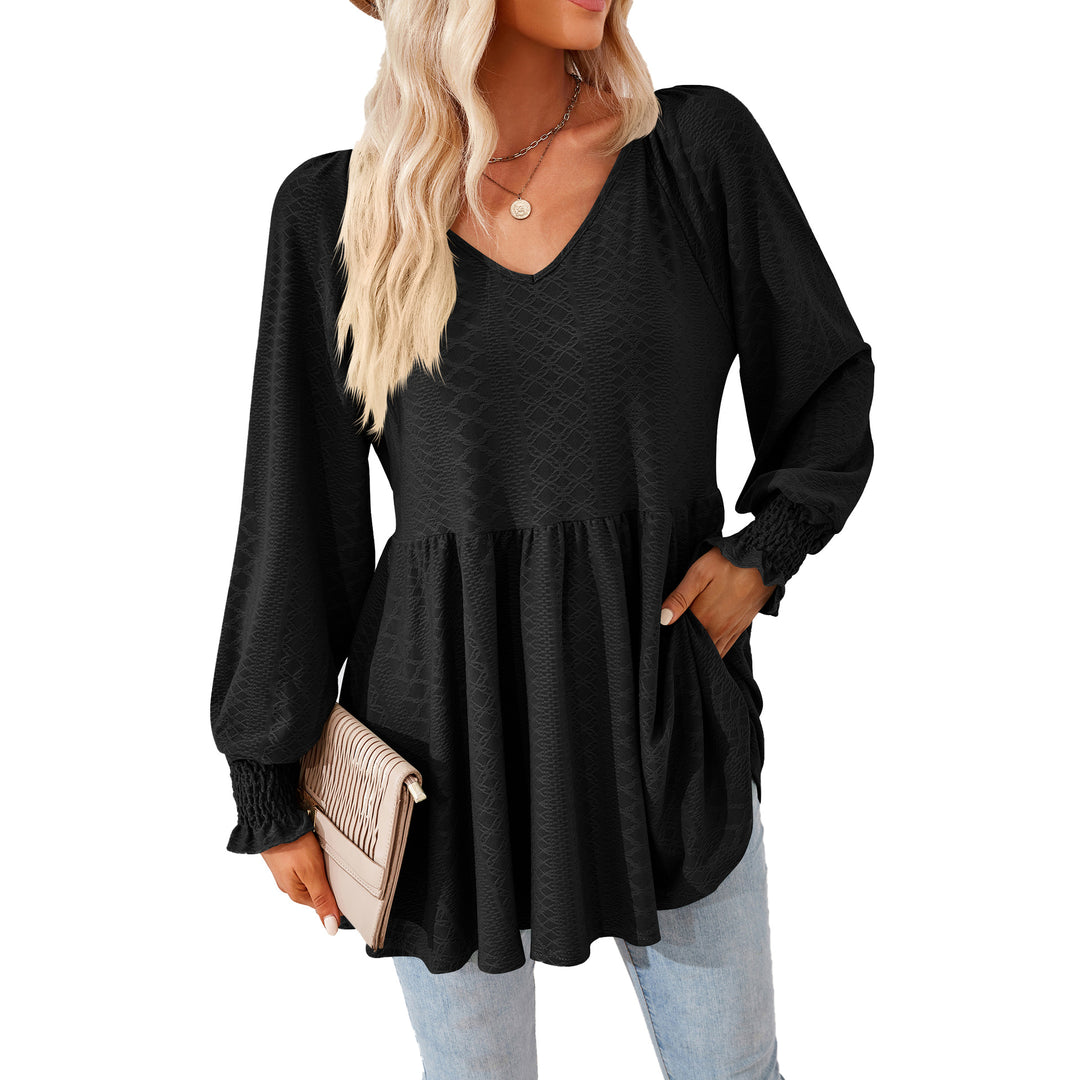 Damen lässiges V-Ausschnitt Blusenshirt mit Rüschen und Taschen Drune