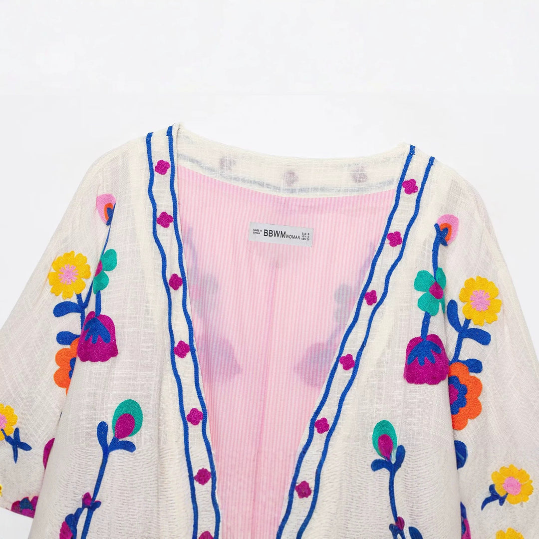 Damen Bestickter Kimono-Blouson mit Tunnelzug und floraler Stickerei Drune