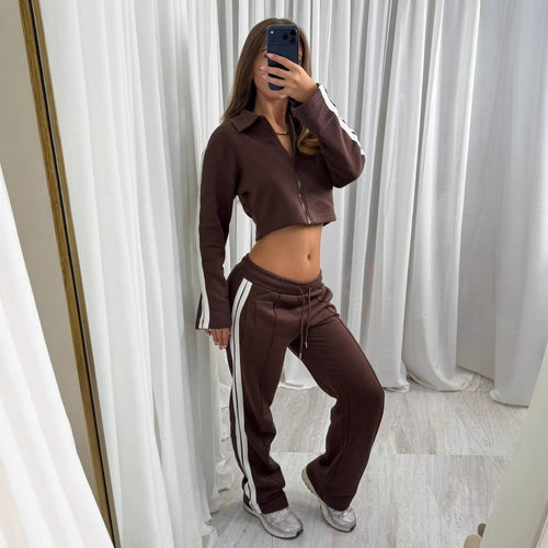 Damen lässiges Sportanzug-Set mit Reißverschluss und gestreiften Details Drune