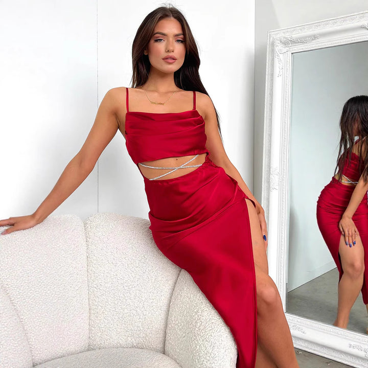 Damen Elegantes Satin-Maxi-Kleid mit splittem Design und verstellbaren Spaghettiträgern Drune