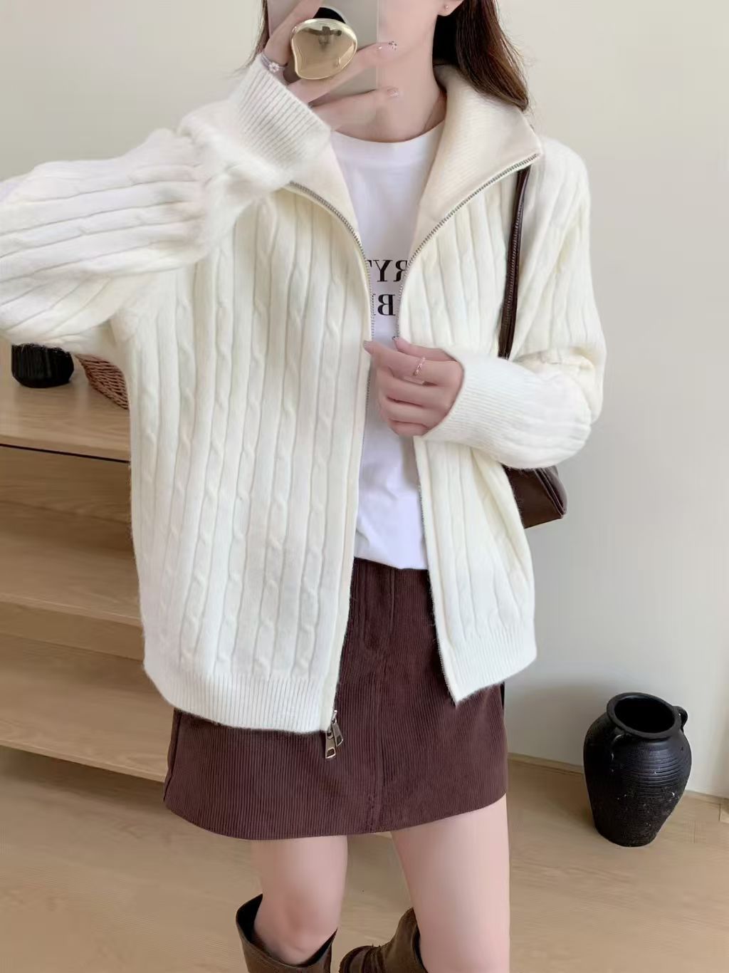 Damen Strickjacke mit modernem Zipper und dekorativem Kabelmuster Drune