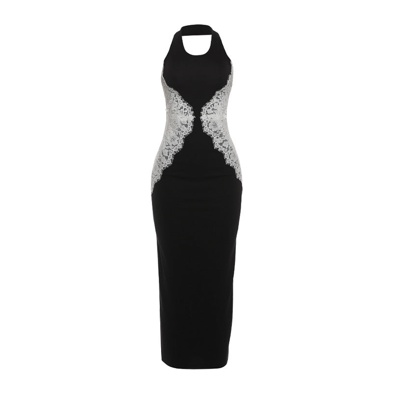 Damen Elegantes Spitzen-Maxikleid mit tiefem Schlüssel-Ausschnitt und figurformendem Design Drune