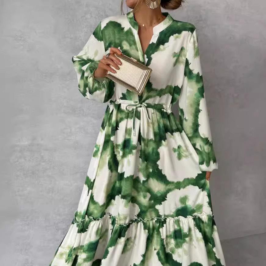 Damen Maxikleid mit modernen Aquarell-Muster und voluminösem Rock Drune