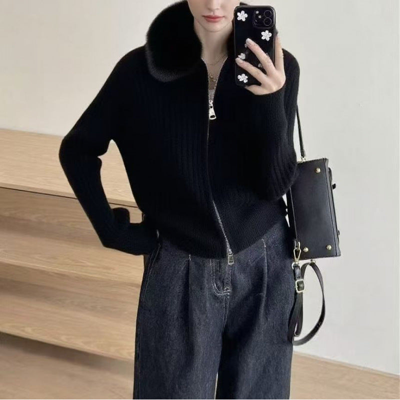Damen Strickjacke mit hochwertigem Kunstfellkragen und eleganter Rippstruktur Drune