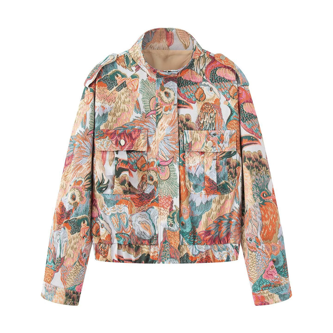 Damen urbane Utility-Jacke mit lebhaftem Vogel-Druck Drune