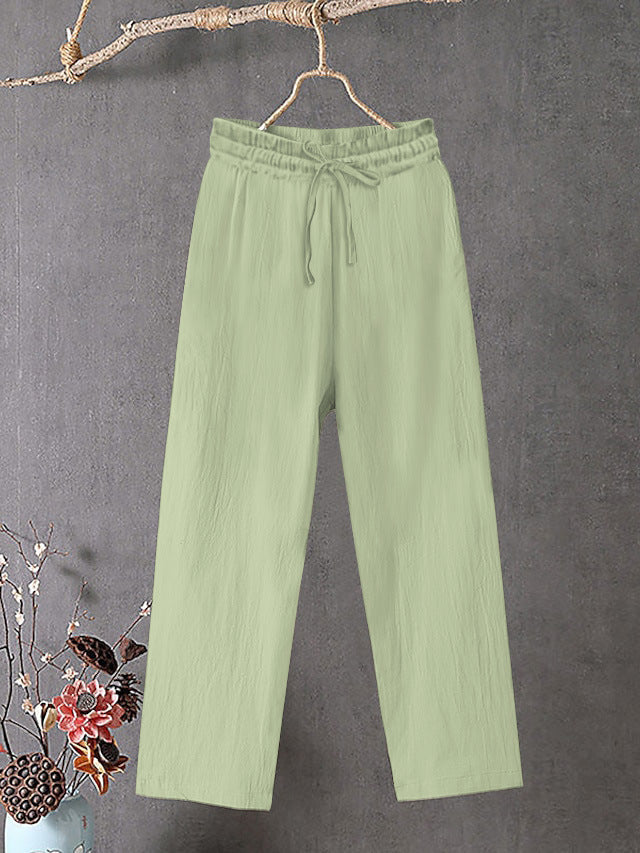 Damen Crinkle Leinenmischung Hose mit elastischem Kordelzug, gerade Beinform und lässiger Passform Drune