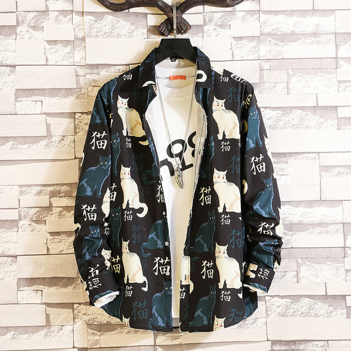 Herren nan langärmliges Hemd mit offenem Reverskragen, kontrastivem Blumenprint und lässiger Regular-Fit Silhouette Drune