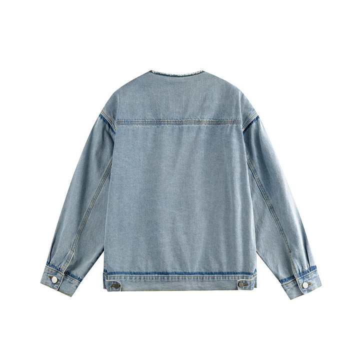 Herren Oversize-Denimblouson ohne Kragen mit rohem Halsausschnitt und Pattentaschen Drune