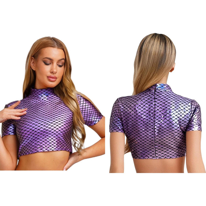 Damen Glitzerndes Cropped Shirt mit schimmerndem Fischschuppen-Muster Drune