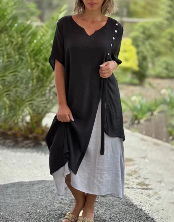 Damen nan zweilagiges Lagenkleid mit asymmetrischem Saum und Zierknopfleiste Drune
