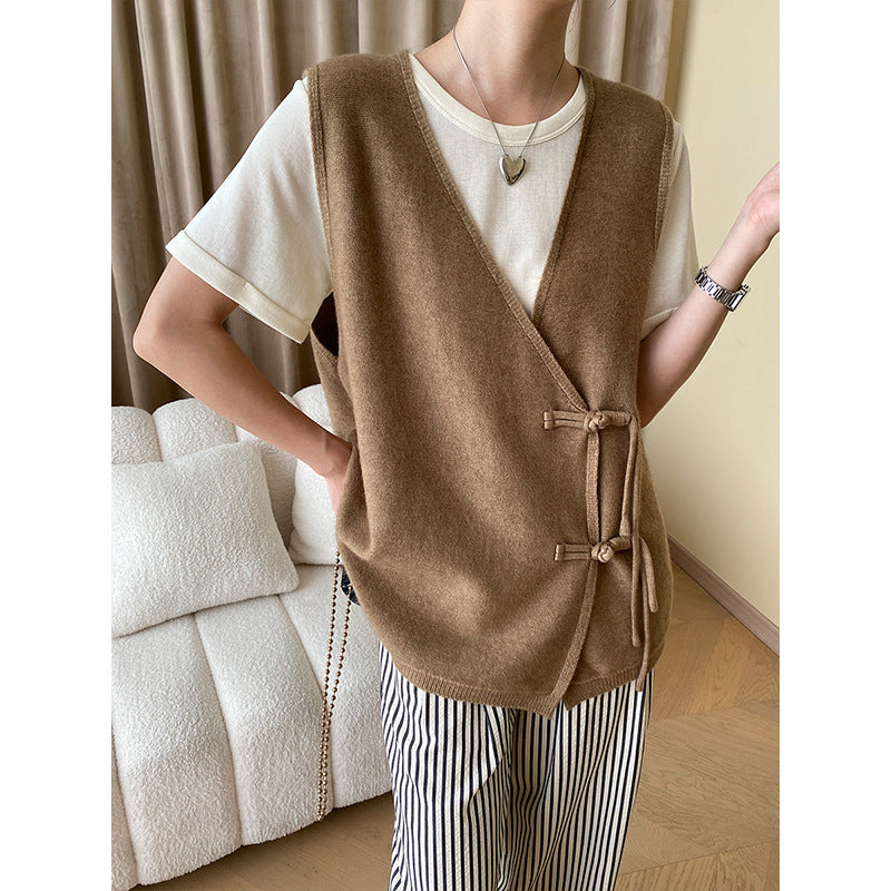 Damen elegante Weste mit seitlichen Taschen und Bindegürtel Drune