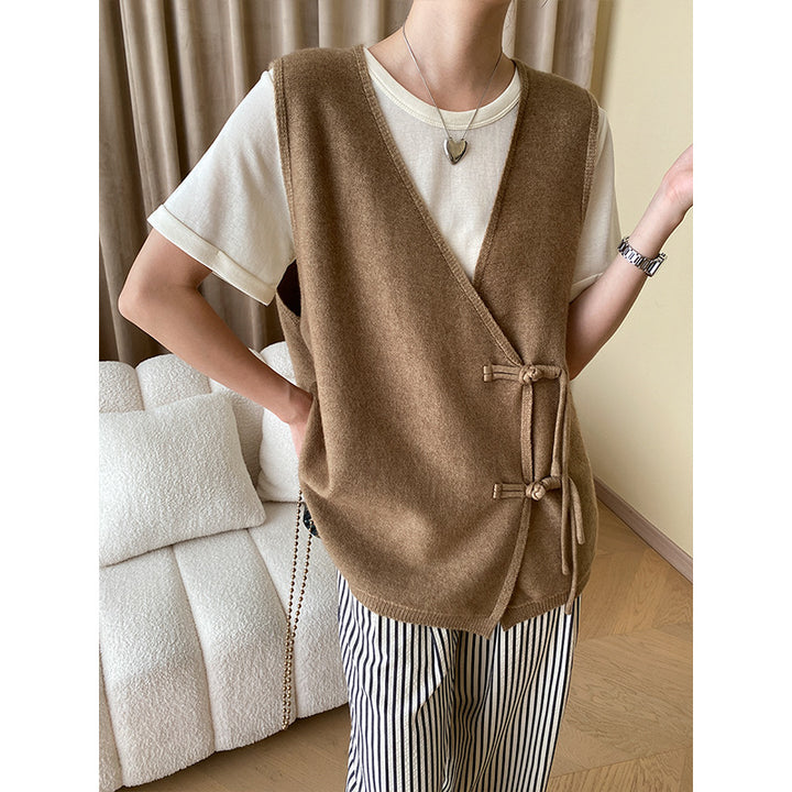 Damen elegante Weste mit seitlichen Taschen und Bindegürtel Drune
