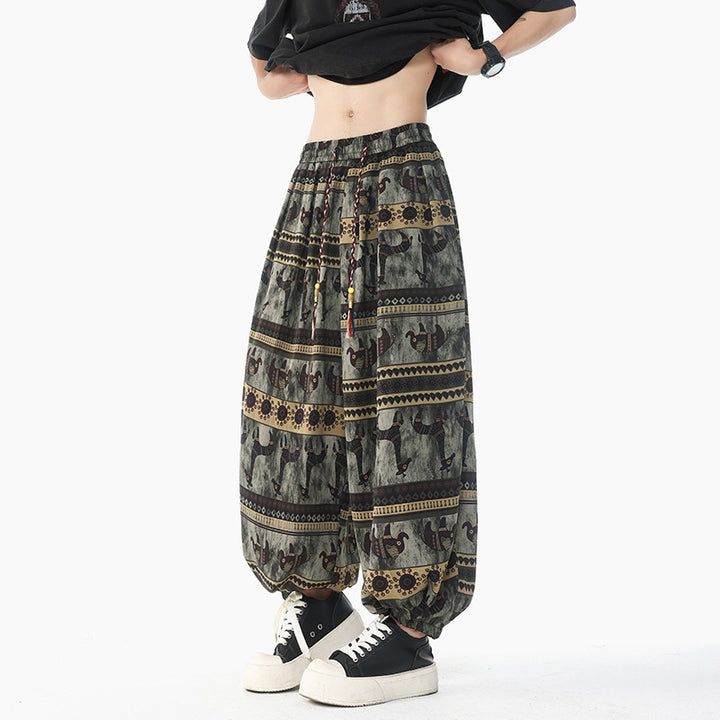 Damen Weite Boho-Haremshose aus Baumwollmix mit elastischem Bund und Ethno-Print Drune