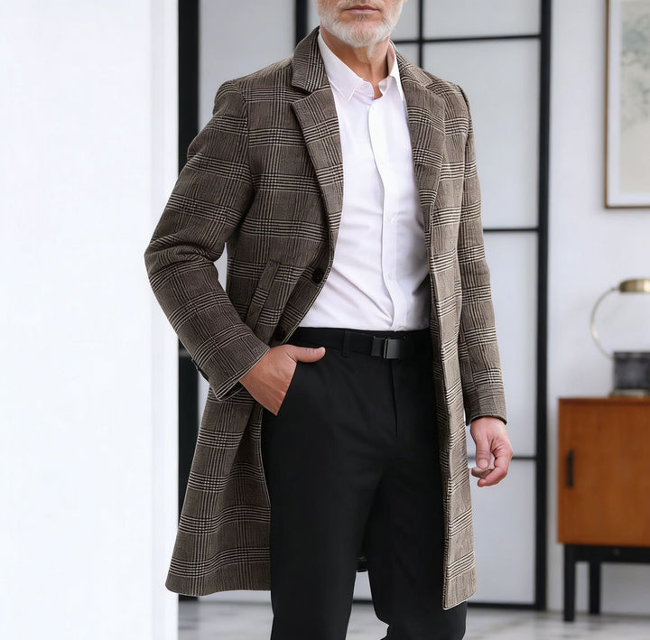 Herren Wollblendmantel im Glencheck mit schlanker langer Silhouette Drune