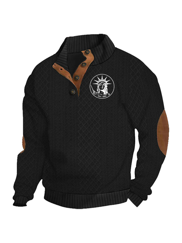 Herren nan Heritage-Strukturpullover mit Stehkragen Lederimitat-Besatz Ellenbogen-Patches und Halbknopfleiste Drune