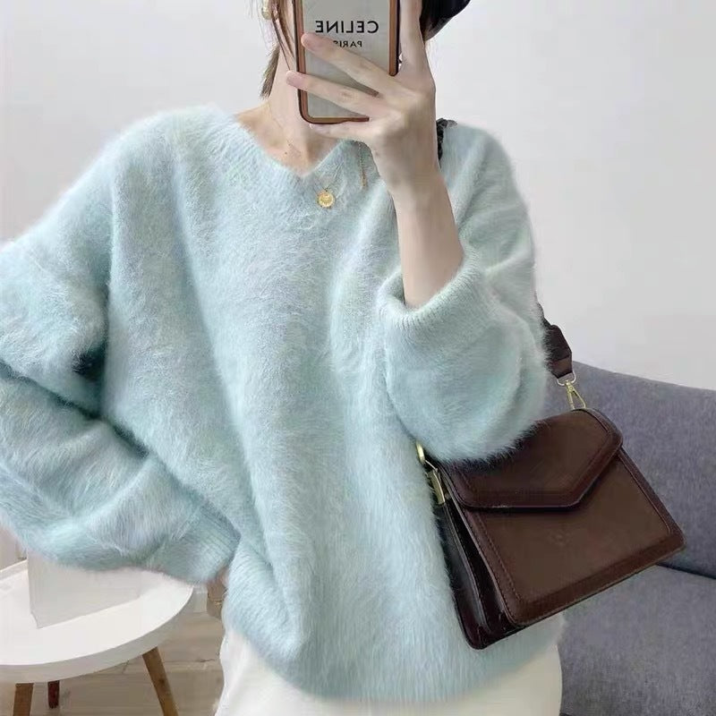 Damen Flauschiger V-Ausschnitt Pullover aus Mohair Drune
