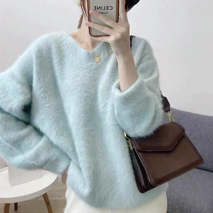 Damen Flauschiger V-Ausschnitt Pullover aus Mohair Drune
