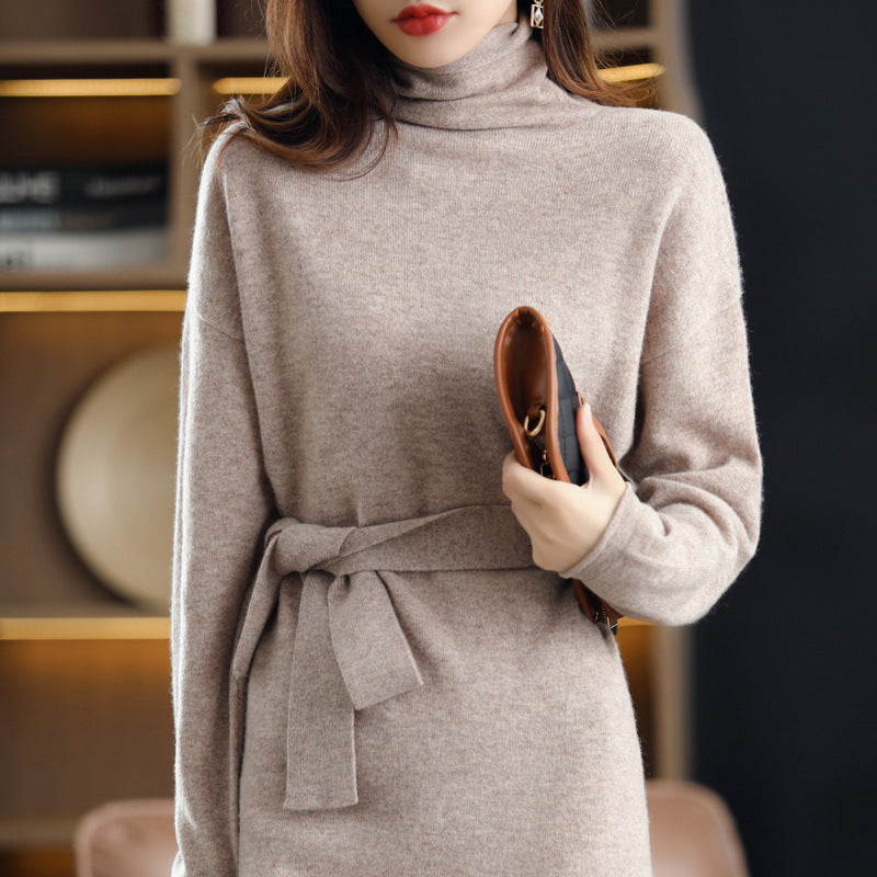Damen kuscheliges Strickkleid mit schickem Rollkragen und taillierendem Gürtel Drune