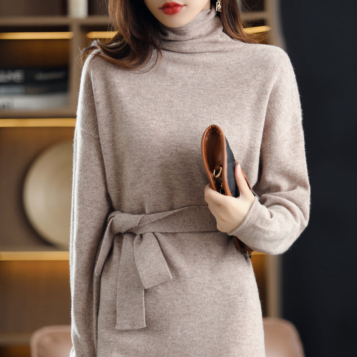 Damen kuscheliges Strickkleid mit schickem Rollkragen und taillierendem Gürtel Drune