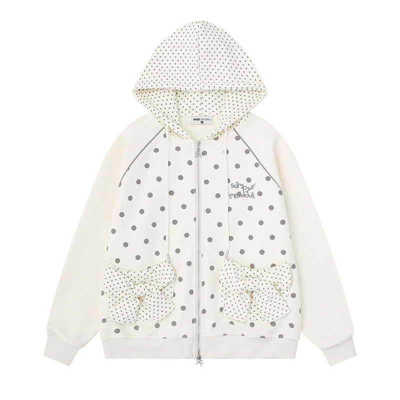 Damen Gepunktete Zip-Kapuzenjacke mit Schleifen-Taschen und Raglanärmeln Drune