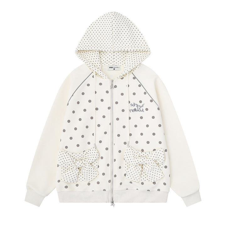 Damen Gepunktete Zip-Kapuzenjacke mit Schleifen-Taschen und Raglanärmeln Drune