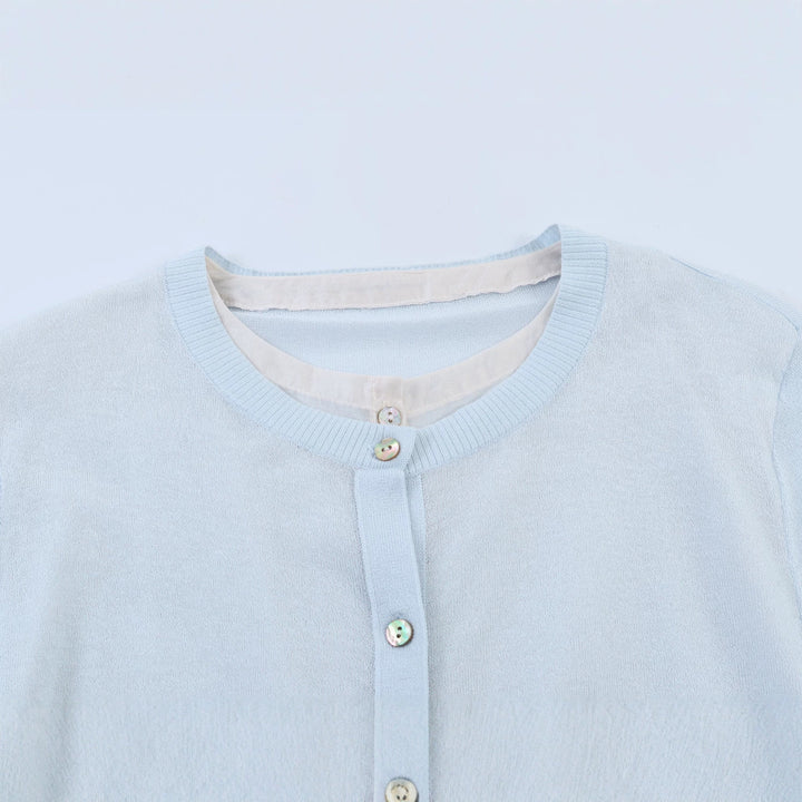 Damen Feinstrick-Cardigan mit eingearbeitetem Blusenbesatz und Knopfverschluss Drune
