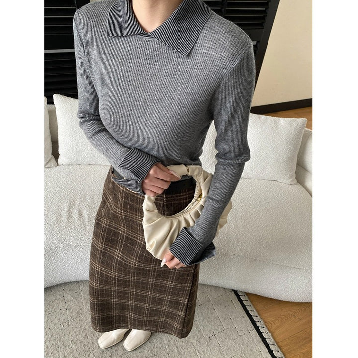 Damen gestreifter Pullover mit klassischem Kragen und eleganter Rippstruktur Drune