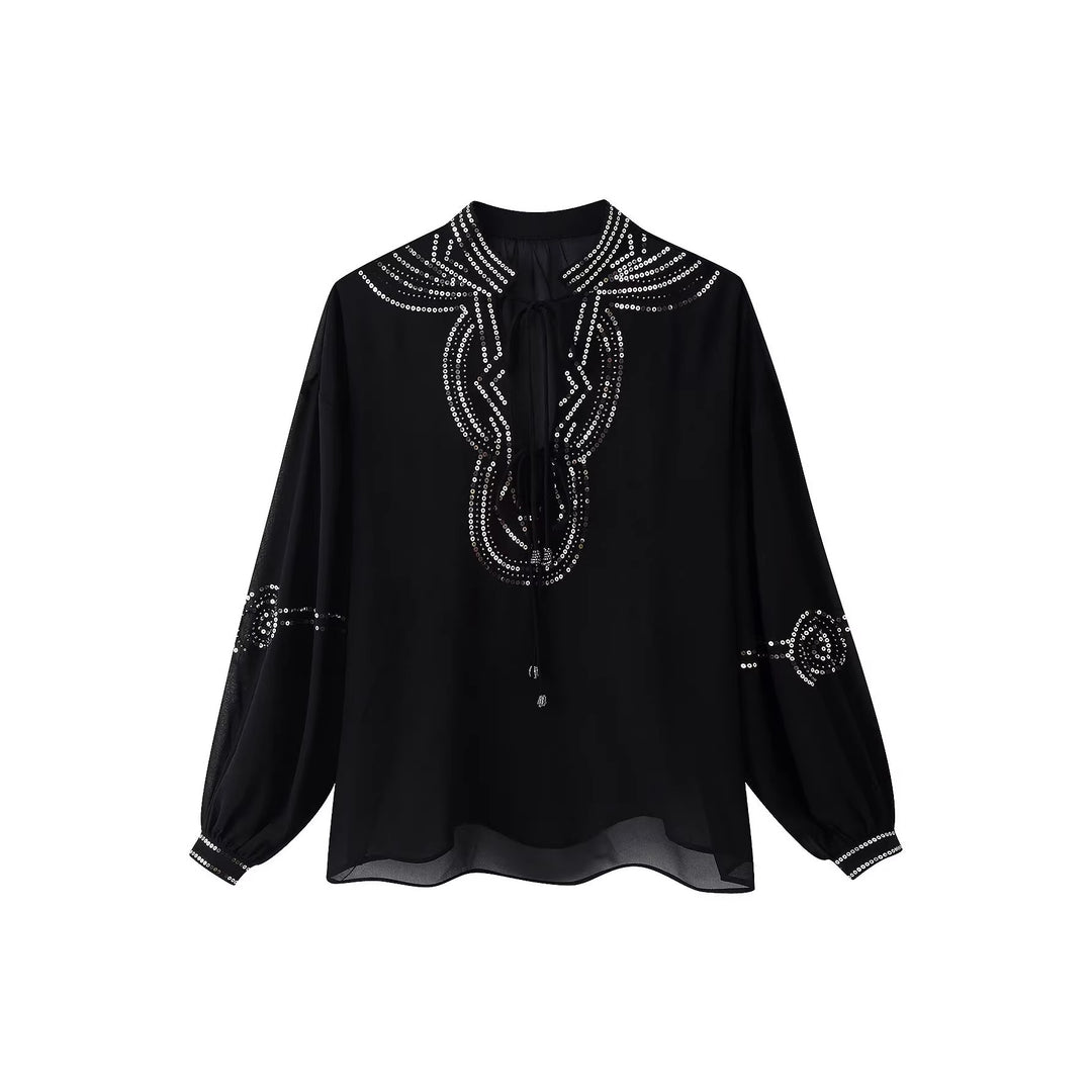 Damen Chiffonbluse mit Paillettenbesatz, Ballonärmeln und Bindekragen Drune