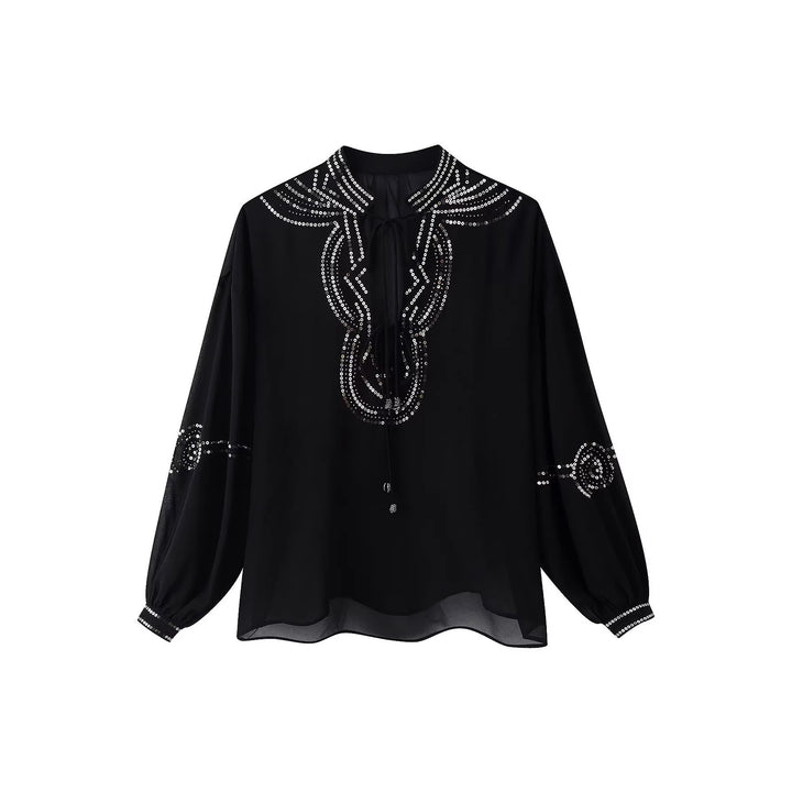 Damen Chiffonbluse mit Paillettenbesatz, Ballonärmeln und Bindekragen Drune
