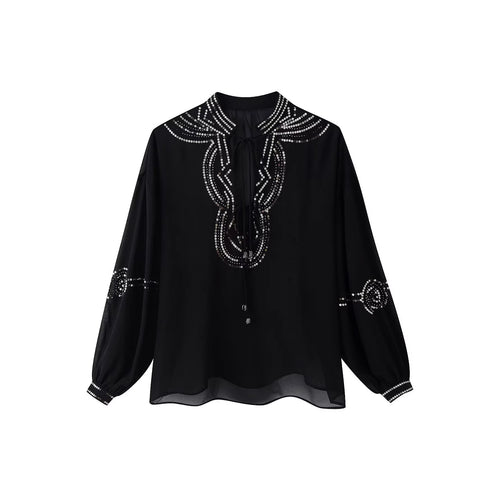 Damen Chiffonbluse mit Paillettenbesatz, Ballonärmeln und Bindekragen Drune