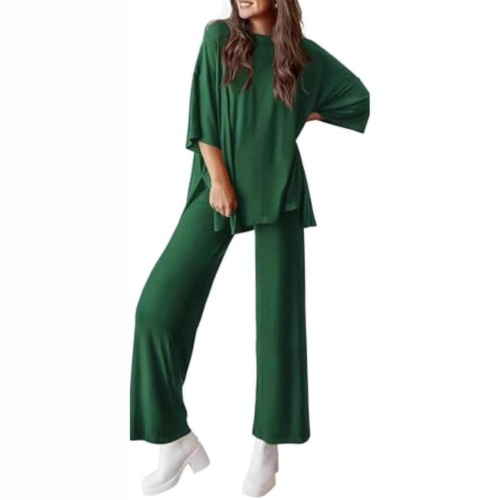 Damen Lässiges Lounge-Set aus weichem Jersey mit Oversize-Tunika und weiter Palazzo-Hose Drune