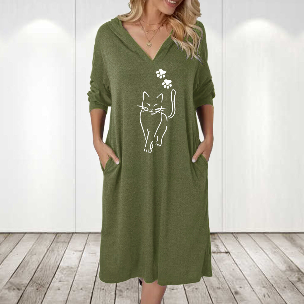 Damen Kapuzenkleid mit süßem Katzenmotiv und praktischen Taschen Drune