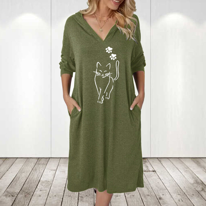 Damen Kapuzenkleid mit süßem Katzenmotiv und praktischen Taschen Drune