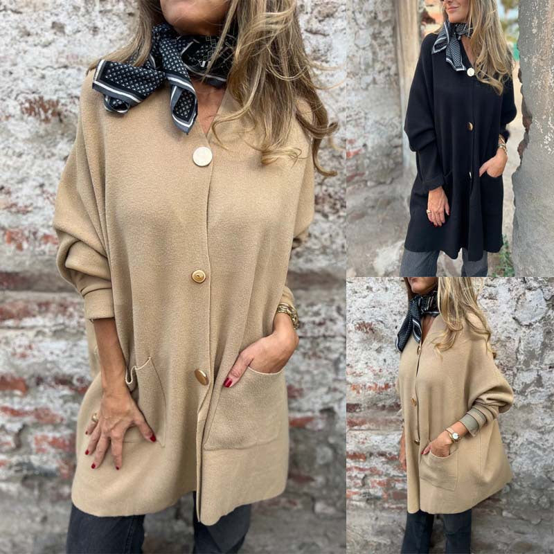 Damen Oversize Strickmantel-Cardigan mit aufgesetzten Taschen und Zierknöpfen Drune
