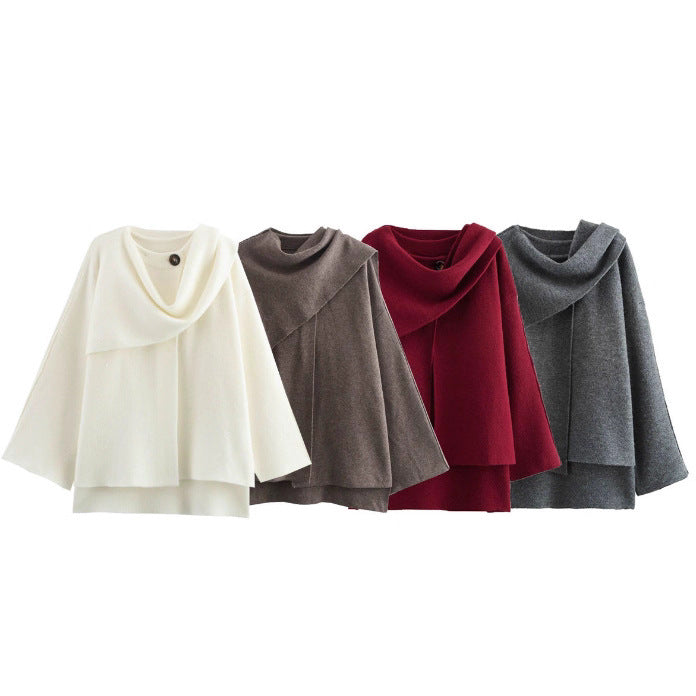 Damen 900+ drapierter Oversize Poncho‑Pullover mit Wasserfallkragen und Zierknopf Drune
