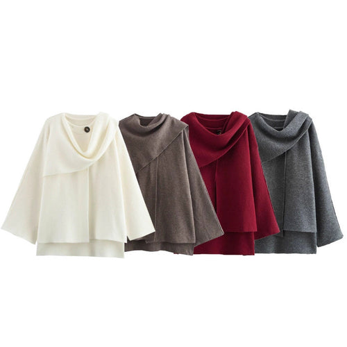 Damen 900+ drapierter Oversize Poncho‑Pullover mit Wasserfallkragen und Zierknopf Drune