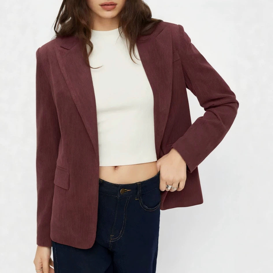 Damen Kord-Blazer mit schmaler Silhouette, schmalem Revers und Pattentaschen Drune