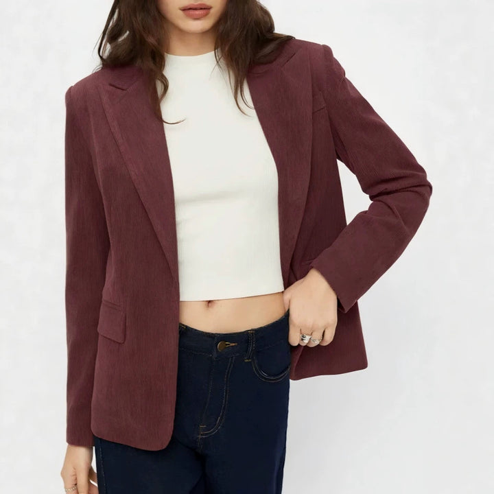 Damen Kord-Blazer mit schmaler Silhouette, schmalem Revers und Pattentaschen Drune