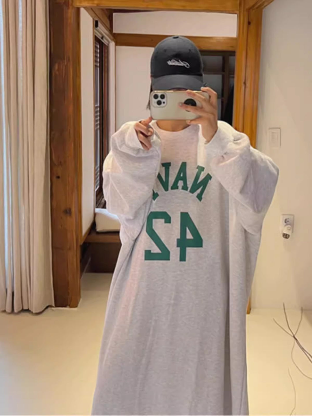 Damen Langes Oversize Hoodie‑Sweatkleid im College‑Look mit Raglanärmeln Drune