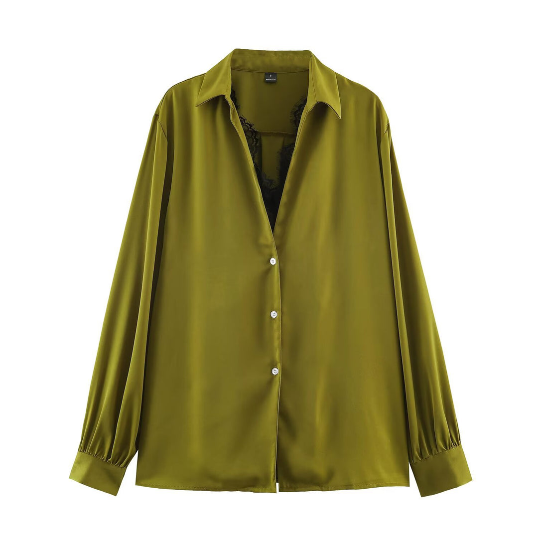Damen Seidige Oversize-Bluse mit Spitzeneinsatz und Hemdkragen Drune